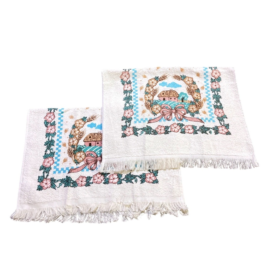 VTG CANNON Hand Kitchen‎ Towel Fringe 70s NOS Farmhouse Barn Flower Bow Wheat